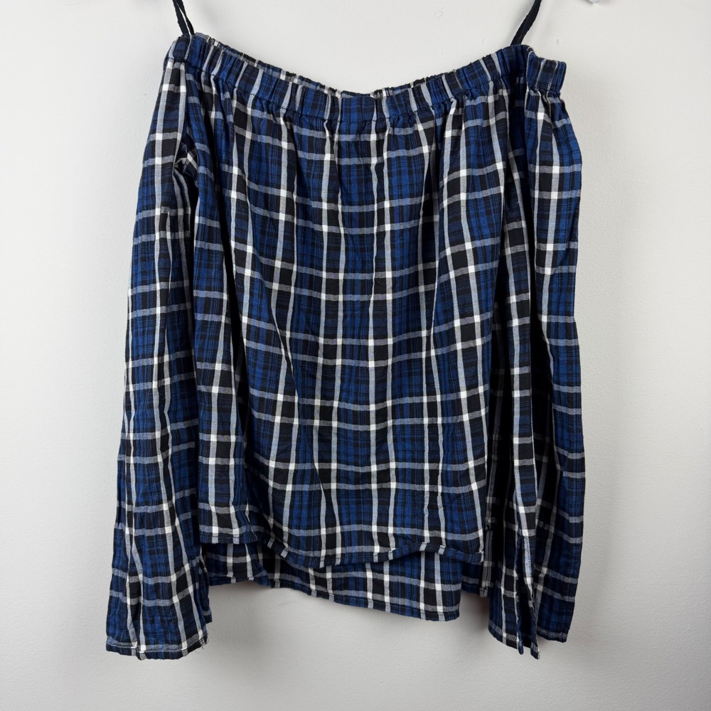 Cloth & Stone Blue Plaid Off The Shoulder Top Small Long Sleeve Blouse